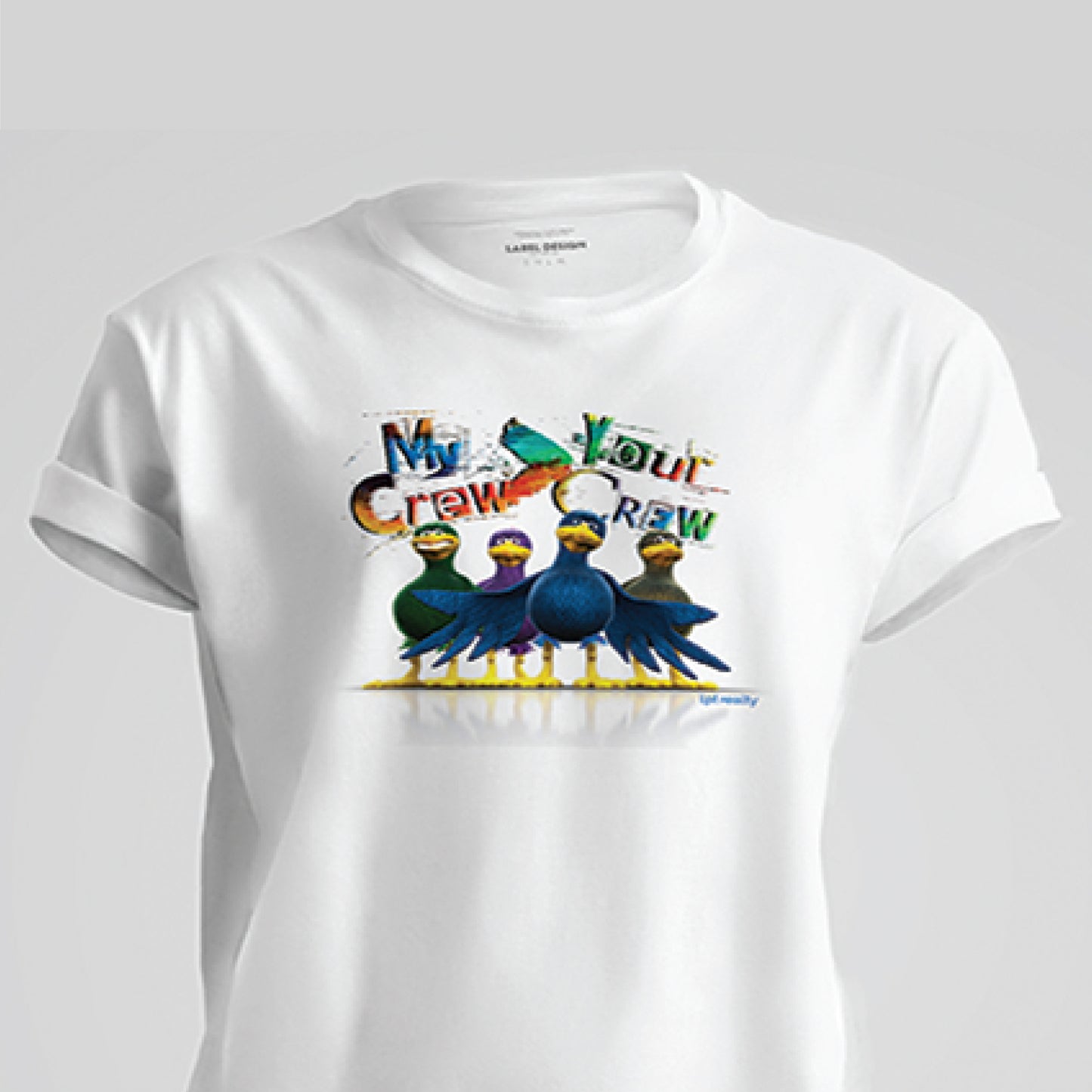 A white t-shirt featuring a colorful graphic of lpt mascot Larry Bird with his wings spread, surrounded by his crew, their reflections visible below. Above the birds, the text “MY CREW – YOUR CREW” is displayed in vibrant color and varied fonts. On the back, near the top just under the neckline, is the LPT circle logo.