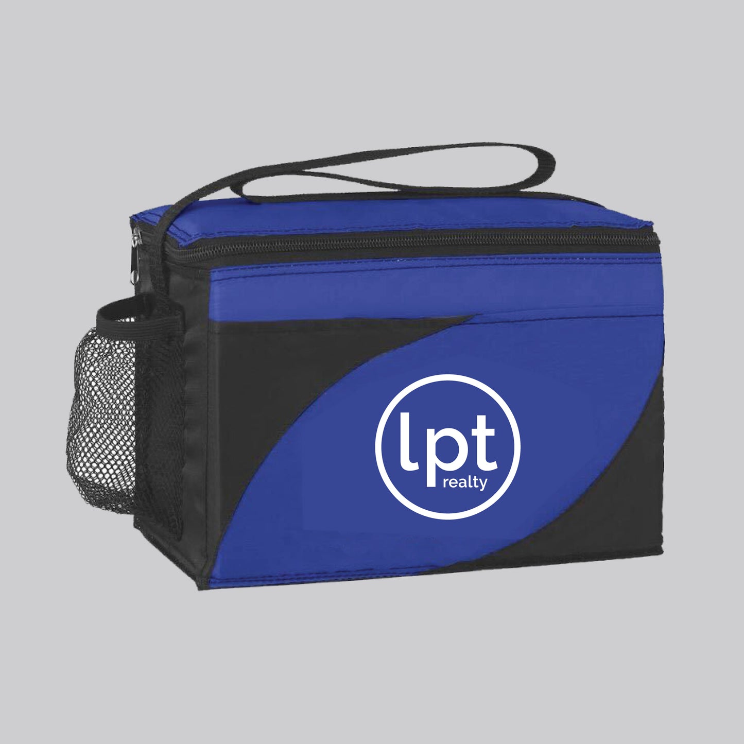 A boxy, soft-sided lunch cooler in a contrasting royal blue and black design. Includes a black top carrying strap, a zippered main compartment, a front slip pocket imprinted with a white “lpt realty” circle logo, and a black mesh side pocket.