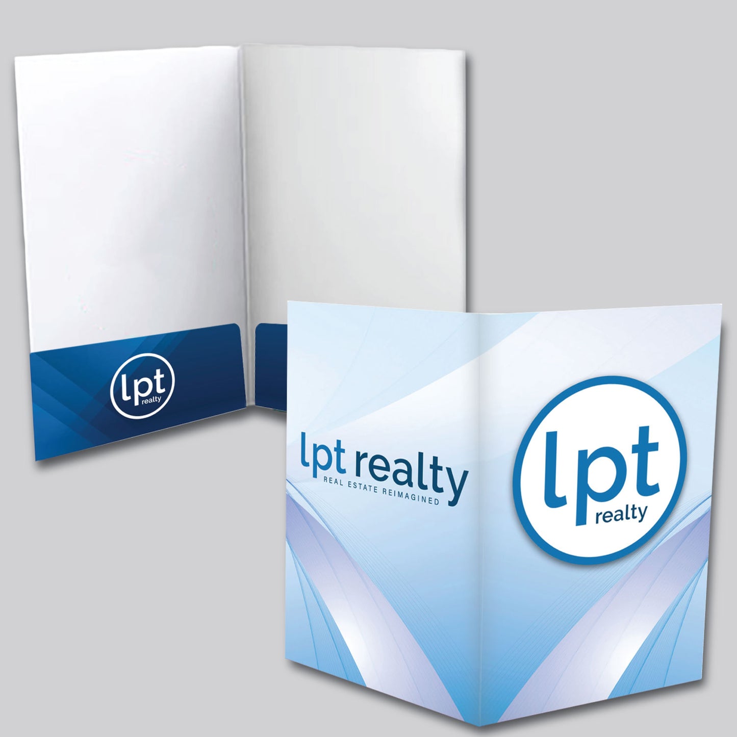 A full-color presentation folder featuring a graphic design in various shades of blue. The front displays the “LPT Realty” circle logo prominently in white with blue text and a blue border. The back features large text reading “Lpt Realty”, with “Lpt” in lighter blue and “realty” in navy, and beneath it, “Real Estate Reimagined” in small, all caps text. The interior is matte white with glossy blue pockets in gradient shades of blue and the “Lpt realty” circle logo in white. 