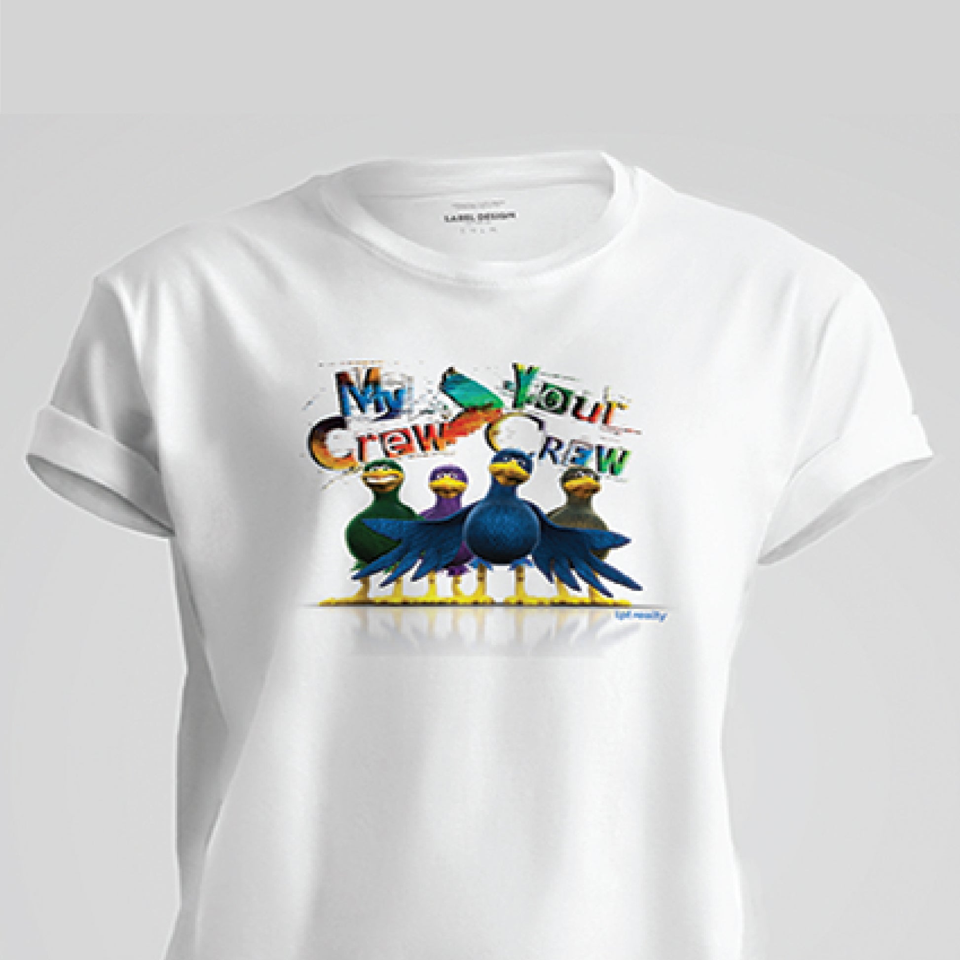 A white t-shirt featuring a colorful graphic of lpt mascot Larry Bird with his wings spread, surrounded by his crew, their reflections visible below. Above the birds, the text “MY CREW – YOUR CREW” is displayed in vibrant color and varied fonts. On the back, near the top just under the neckline, is the LPT circle logo. 