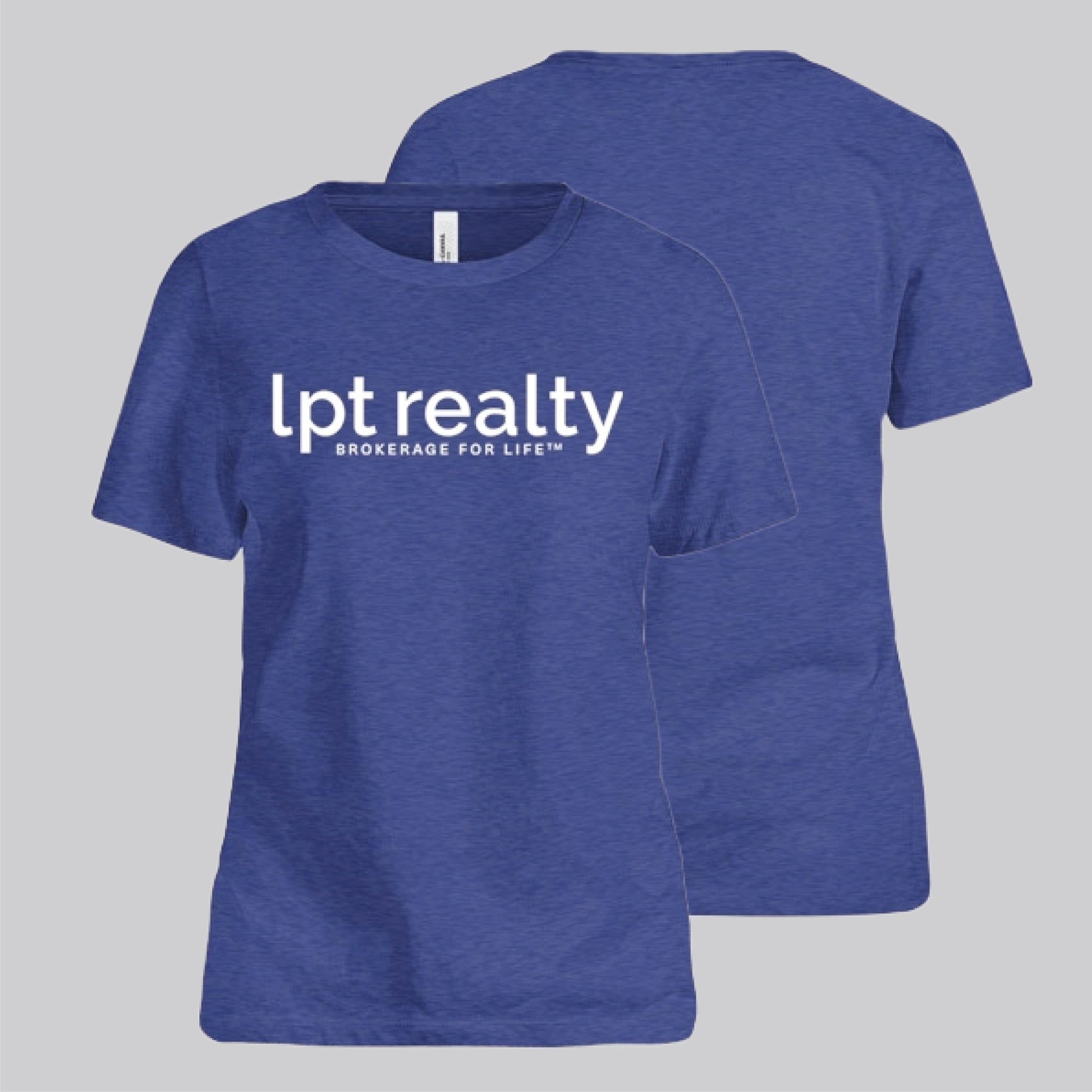 A t-shirt in heathered, lightly muted royal blue. Across the center chest, large, lowercase letters spell “lpt realty” in white. Below, in smaller, all-caps text, is the trademarked phrase “Brokerage For Life ™.” 