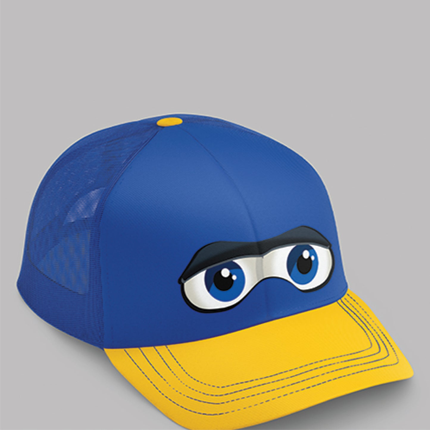 A royal blue trucker cap with matching mesh side and back panels, and a bright yellow bill with contrasting royal blue stitching. Larry Bird’s bright blue eyes are featured on the front panels, giving the visor a beak-like appearance. 