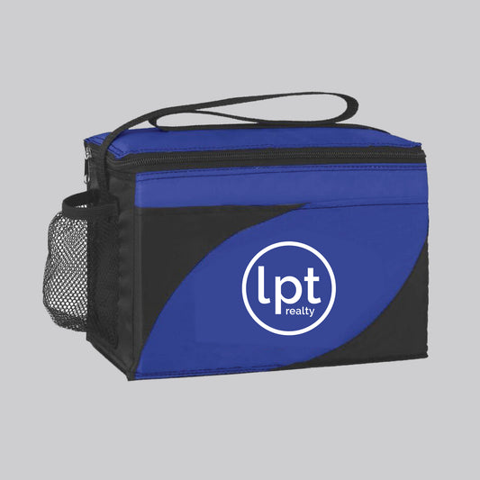 A boxy, soft-sided lunch cooler in a contrasting royal blue and black design. Includes a black top carrying strap, a zippered main compartment, a front slip pocket imprinted with a white “lpt realty” circle logo, and a black mesh side pocket.  