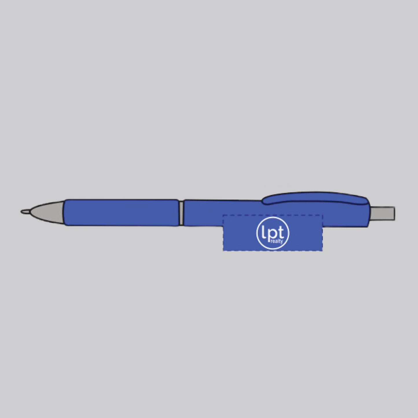 A pen with a bright blue translucent plastic barrel featuring LPT’s circle logo emblazoned in white on one side, a darker blue rubber grip, and silver metallic accents. 